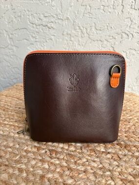 Vera Pelle Italian Leather Pouch Brown Orange Zip Small Bag Made in Italy 6x6.5